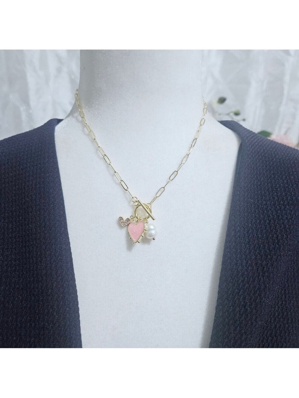 Fashion Pink Heart/Pearl Paperclip Chain Pendant Necklace - Picture 1 of 3